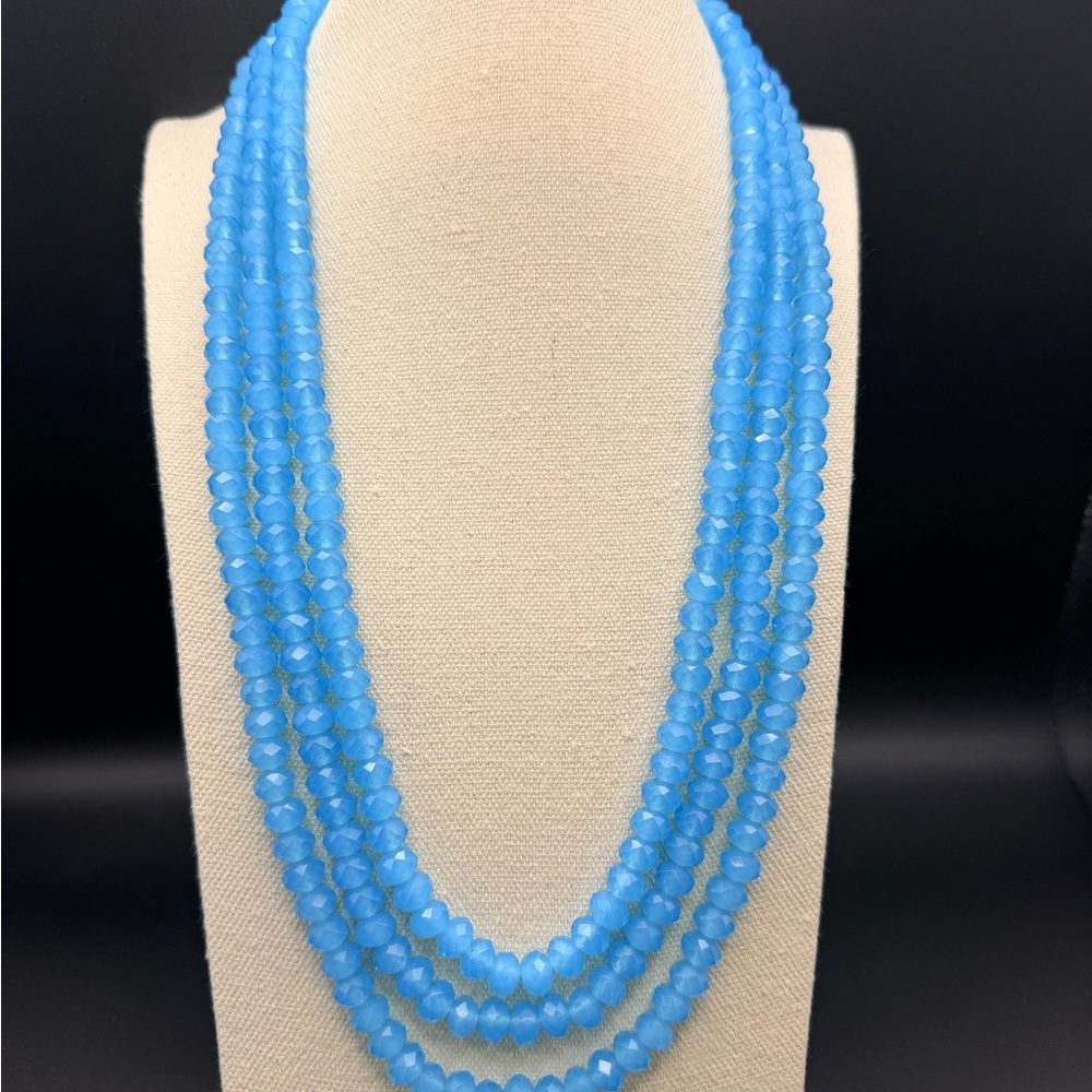 Blue 3-Strand Faceted Bead Necklace | Glass Statement Layered Jewelry